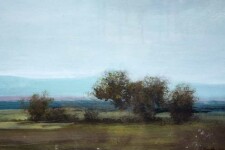 A wide summer plain, dotted with distant trees and atmospheric mountains meets a hazy sky in this acrylic and resin painting on board. Image 3