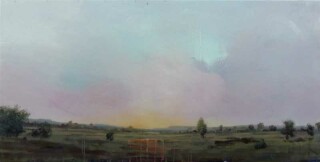 A sky of lavende, pale blue and gold rises above green fields in this classic landscape by Peter Hoffer.