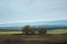 A wide summer plain, dotted with distant trees and atmospheric mountains meets a hazy sky in this acrylic and resin painting on board. Image 4