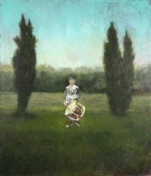 The haunting image of a little drummer boy, dressed in period costume is the focal point of this acrylic painting by Peter Hoffer.