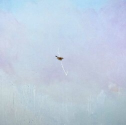A beautifully rendered sparrow sits on a white branch in the center of this painting by Peter Hoffer.