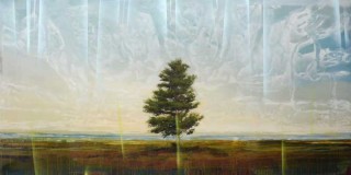 A lone, iconic tree stands against a vast, glowing sky in this large scale landscape painting by Peter Hoffer.