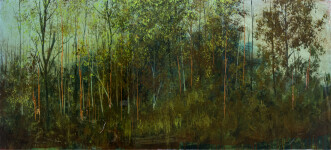 Dense spring forest with saplings in whites, reds and browns coalesce at the centre of the panel with foreground of concentrated vegetation. Image 5