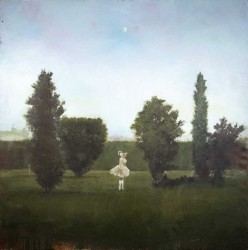 The ghostly figure of a ballerina en pointe in the distance is set against the backdrop of a cultivated European garden and under a full moo…