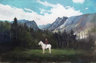 The iconic presence of a Mountie in red serge on a ghostly white horse is set against the epic backdrop of a mountain landscape.