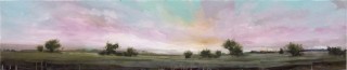 A sky lit with pink, mauve, turquoise and gold spreads above a wide landscape dotted with distant trees and atmospheric mountains in this al…