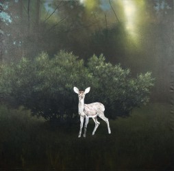 A ghostly fawn hovers against foliage lit by a shaft of bright yellow light in this dramatic painting by Peter Hoffer.