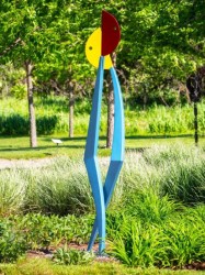 Two abstracted figures in painted steel intersect in this playful outdoor sculpture by R.