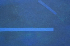The slightly rectangular canvas is divided sharply in two: the upper half is painted in a rich navy blue highlighted with light blue strips;… Image 6