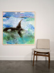 In this expressive and colourful large abstract painting by Rick Rivet, a whale swims In icy turquoise Arctic waters. Image 3