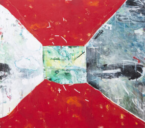 This intriguing, dynamic geometric contemporary painting is by Rick Rivet.