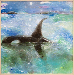 In this expressive and colourful large abstract painting by Rick Rivet, a whale swims In icy turquoise Arctic waters.