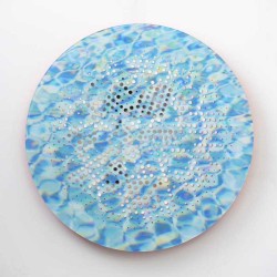 A pigment print of sunlit, sparkling pool blue water is perforated with a concentric design of brilliant orange in this tondo by Ryan Van De…