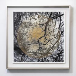 A glowing moon appears behind a tangle of black branches in this mixed media photo-based work by Ryan Van Der Hout.