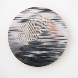A black and white pigment print of rippling water is perforated with a brilliant orange geometric design in this tondo by Ryan Van Der Hout.