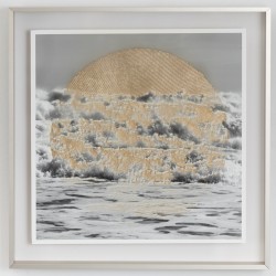 A gold sun emerges from waves cresting as they roll towards shore in this mixed media composition by Ryan Van Der Hout.