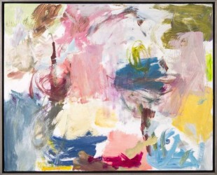 Broad brush strokes of pink, blue, and yellow highlighted by dashes of white dance across the canvas in this new painting by Scott Pattinson…