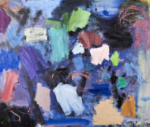 Gestural and vibrant abstract work in rich blue, purple hues with peach and lime pops of color.