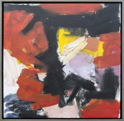 A scaffolding of black pushes against passages of deep red-orange, yellow and mauve on a white ground in this intense oil on canvas.