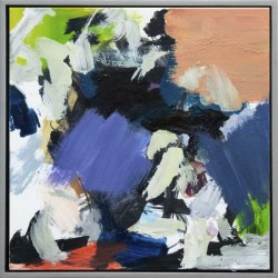 Velvety blue and black abstraction with balancing notes of pink, red, lime and white.