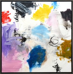 Moments of red, yellow, blue and purple are punctuated by pure white and deep black in this gestural abstraction.