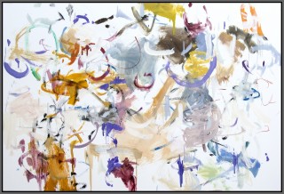Abstract oil on canvas with light gestural elements in hues of orange, purple, and yellow, punctuated by bits of blue and red, white and lig…