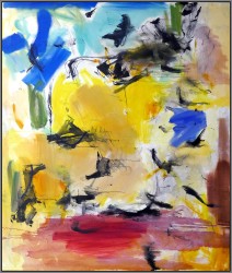 Black calligraphic brushstrokes are caught in a vigorous eddy of painterly red, yellow and blue in this dynamic oil by Scott Pattinson.