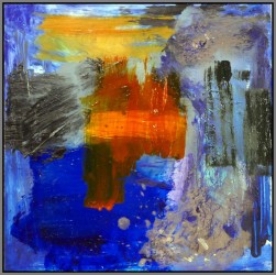 Layers of sapphire, silver and black are held by curated splashes of hot orange and mustard in this intimate canvas by Scott Pattinson.