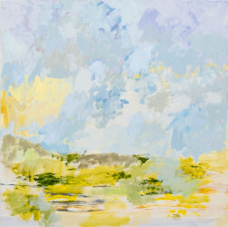 Sunny yellow, sky blue and soft green float across the canvas in this vivid abstract landscape by Canadian painter Sharon Kelly.