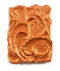 Glossy thick swirls of deep orange mimic the churning waters of a storm surge in this evocative work by Shayne Dark.