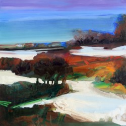 Vivid colours trace the snowy white and silhouette black zig zag composition as it climbs the picture plane in this oil on canvas.