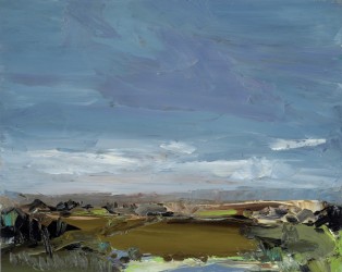 Intimate oil on panel landscape of the English granite moorland in a thick impasto of spring green, blues, steely grey and browns.