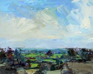 An intimate oil panel landscape dominated by thickly laid whites and blues of clouds and sky above a riot of vegetation and stone in vibrant…