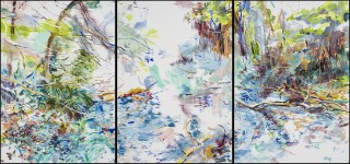 Romantic, colorful and gestural painting of a stream in the woods.