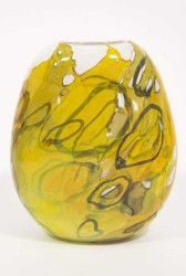 Delicate layer upon layer of coloured glass shards in sunny yellow echo nature’s glorious colours in this new blown glass vessel by Susan Ra…