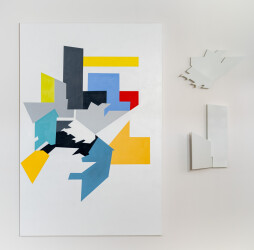 This wholly unique contemporary graphic painting and complimentary wall sculpture is by Yvonne Lammerich.