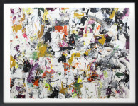 This highly gestural drip and gestural composition on paper balances a kaleidoscope of colour -- grape, magenta, orange, gold, green -- with… Image 8