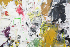 This highly gestural drip and gestural composition on paper balances a kaleidoscope of colour -- grape, magenta, orange, gold, green -- with… Image 3