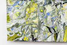 Swirling passages and drips of yellow, periwinkle, moss green and white coalesce at a central point in this action painting by Adam Cohen. Image 5