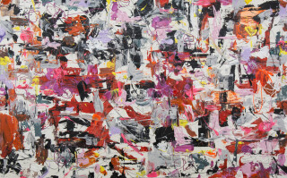 An allover hot composition of pink, red, grey with drips, drizzles and splashes of yellow, magenta and orange.