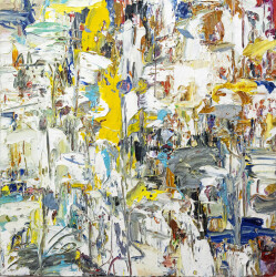 Passages and swipes of lemon yellow, silver, white and sapphire blue jostle for space in this dynamic acrylic by Adam Cohen.