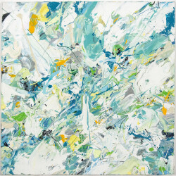 Swirling passages and drips of teal, gold and white coalesce at a central point in this action painting by Adam Cohen.