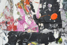 This highly gestural drip and gestural composition on paper balances a kaleidoscope of colour -- grape, magenta, orange, gold, green -- with… Image 4