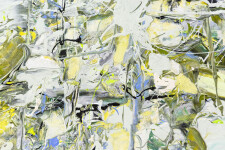 Swirling passages and drips of yellow, periwinkle, moss green and white coalesce at a central point in this action painting by Adam Cohen. Image 6