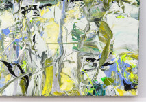 Swirling passages and drips of yellow, periwinkle, moss green and white coalesce at a central point in this action painting by Adam Cohen. Image 4