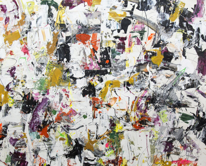 This highly gestural drip and gestural composition on paper balances a kaleidoscope of colour -- grape, magenta, orange, gold, green -- with…