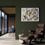 This highly gestural drip and gestural composition on paper balances a kaleidoscope of colour -- grape, magenta, orange, gold, green -- with… Image 10