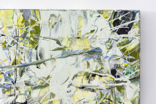 Swirling passages and drips of yellow, periwinkle, moss green and white coalesce at a central point in this action painting by Adam Cohen. Image 3