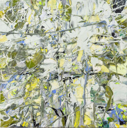 Swirling passages and drips of yellow, periwinkle, moss green and white coalesce at a central point in this action painting by Adam Cohen.
