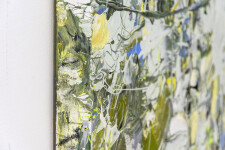 Swirling passages and drips of yellow, periwinkle, moss green and white coalesce at a central point in this action painting by Adam Cohen. Image 7